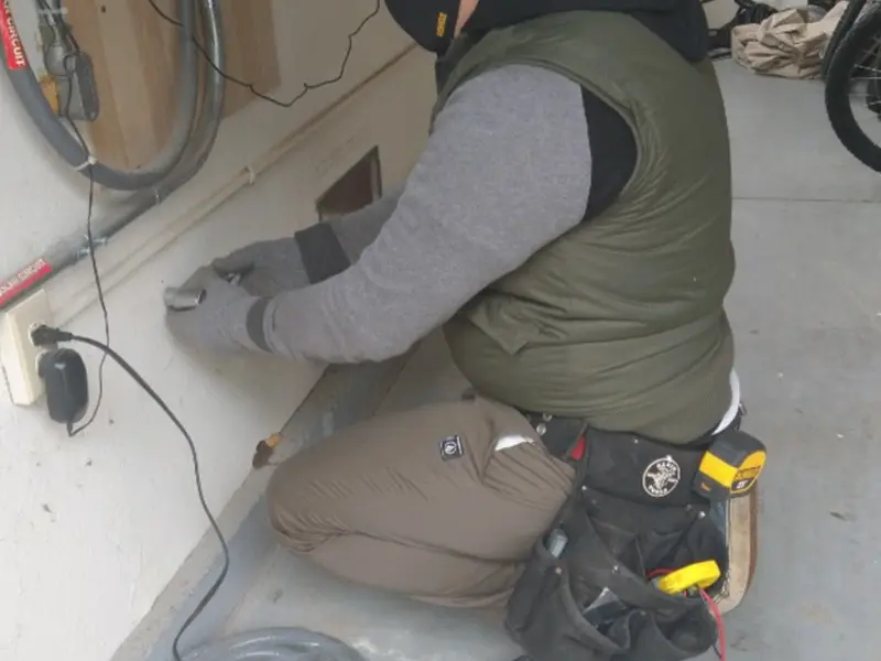 Electrician performing outlet wiring in a Butner garage